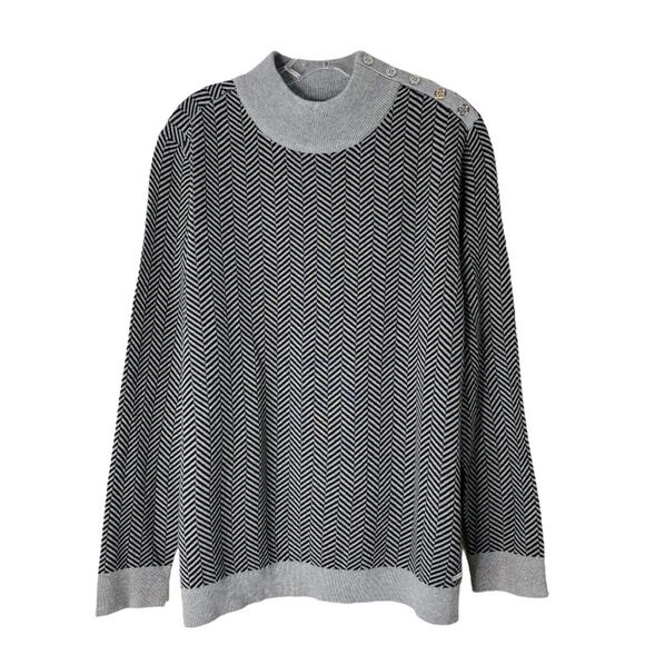 Calvin Klein grey black striped button pullover mock neck preppy sweater large - Picture 1 of 8